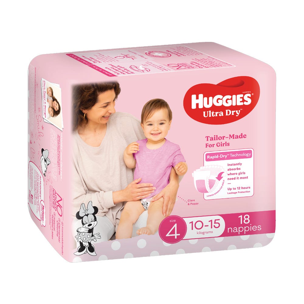 Huggies Nappies Ultra Dry Toddler Size 4 Girl 10 15 Kg White