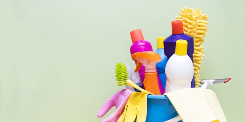 Cleaning products in blue bucket